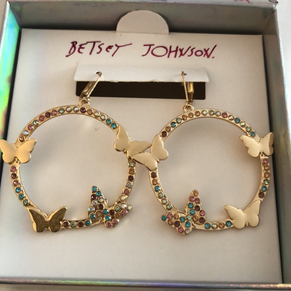 Betsey Johnson Gold Tone Gypsy Hoop Earrings Butterfly & Pastel Crystal Accents